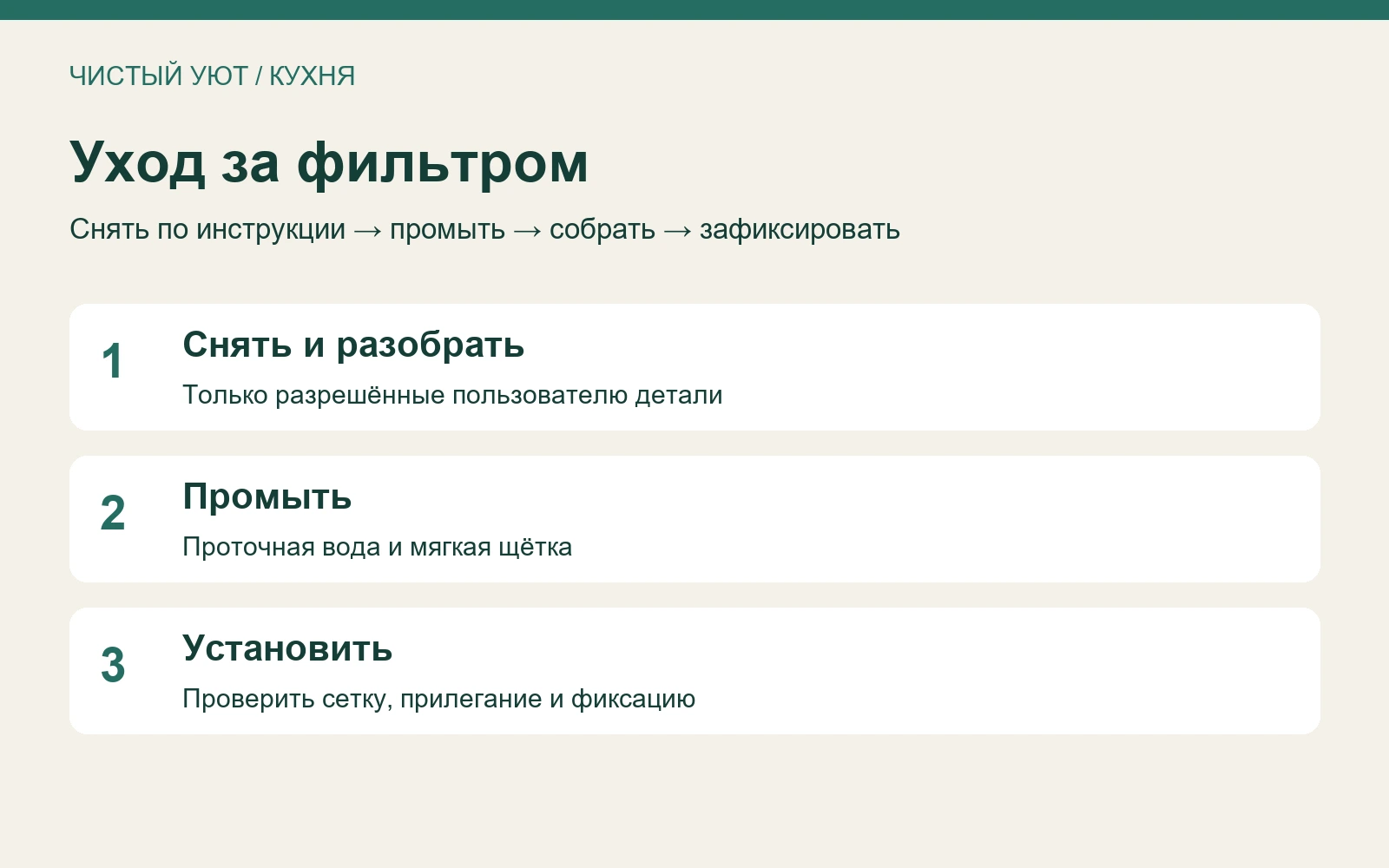 Порядок ухода за фильтром: снять по инструкции, промыть, собрать и зафиксировать