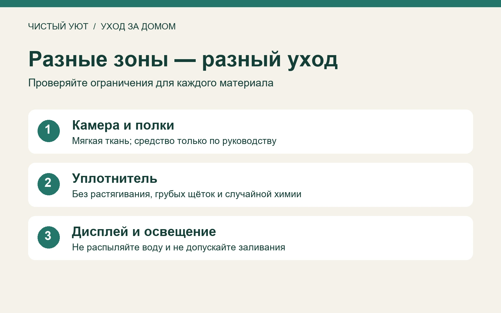 Памятка: мягкая салфетка для камеры, отдельный уход за уплотнителем, сухие электрические элементы